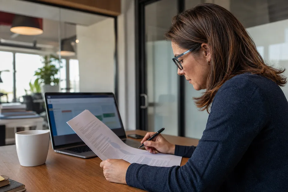 Talent acquisition director reviewing a software contract next to a laptop in a glass meeting room