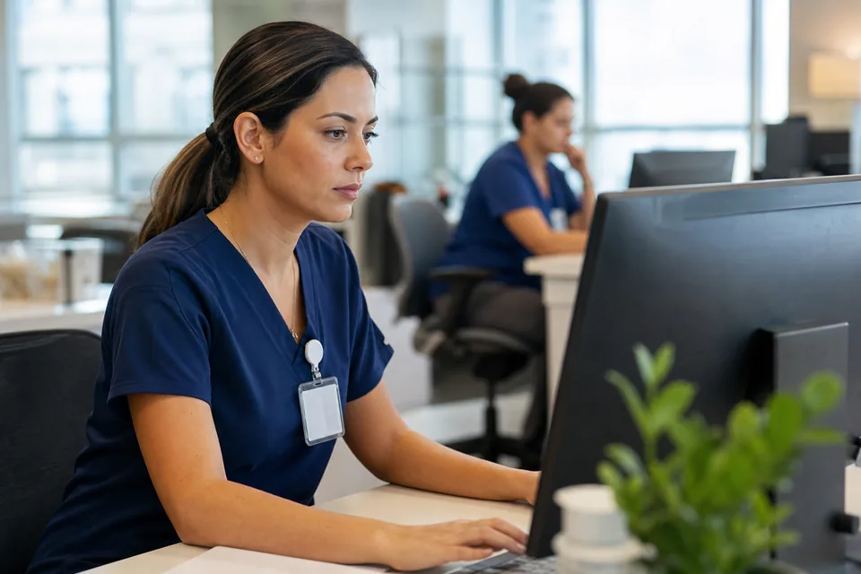 Nurse recruiter at a hospital workstation reviewing candidate profiles